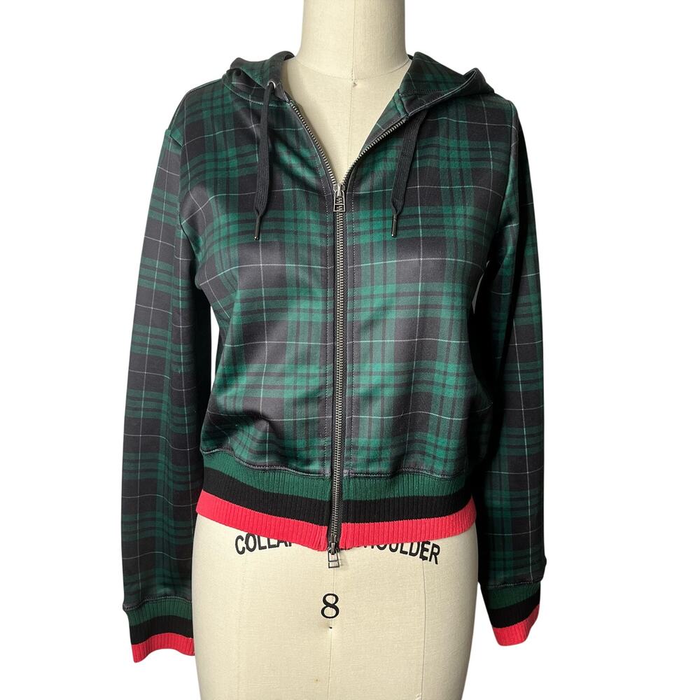 Pam & Gela Stewart Plaid Track Jacket XS Green Navy Cropped Hoodie